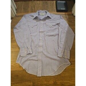 VTG 80s H Bar C Shirt Mens 15.5x33 Purple Plaid Pearl Snap Western Made in USA